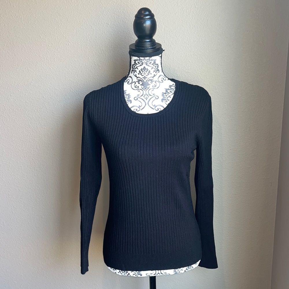 George Black Ribbed Long-Sleeve Sweater Blouse
